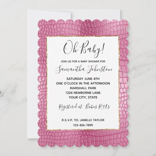 ピンクのフェイクアリゲーター動物の赤ちゃんシャワー 招待状 (正面)