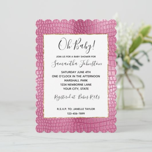 ピンクのフェイクアリゲーター動物の赤ちゃんシャワー 招待状 (スタンド正面)