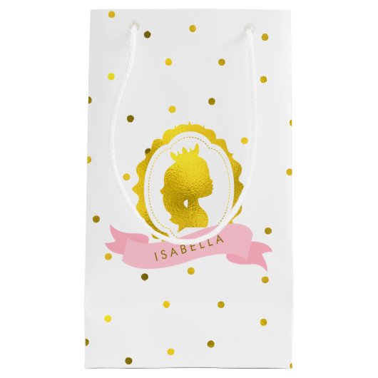 ピンクのフェイク金ゴールドカメオと紙吹雪ドット スモールペーパーバッグ (正面)