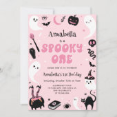 ピンクのフォトハロウィン不気味1歳の誕生日 招待状 (正面)