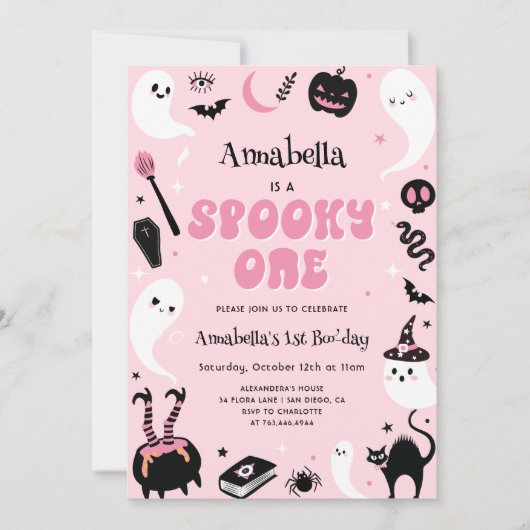 ピンクのフォトハロウィン不気味1歳の誕生日 招待状 (正面)