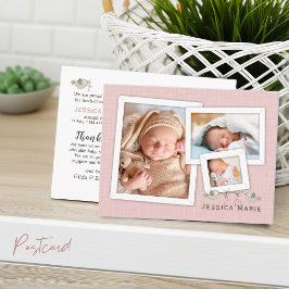 ピンクのフォトフレーム付きお誕生日お知らせ ポストカード