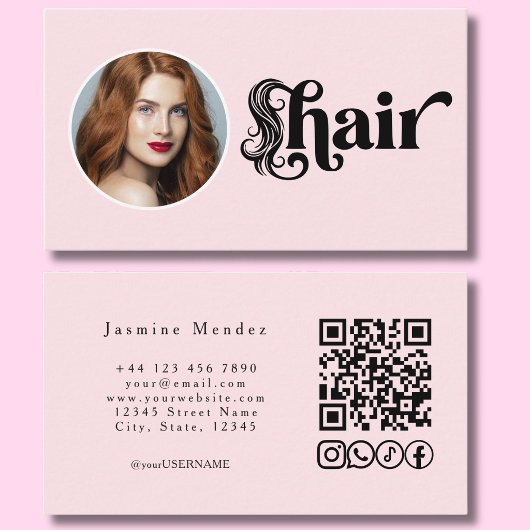 ピンクのフォトQRコード ヘアサロン 名刺
