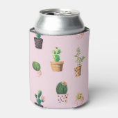 ピンクのフォームに描かれた可愛いサボテンの多肉植物柄 缶クーラー (缶正面)