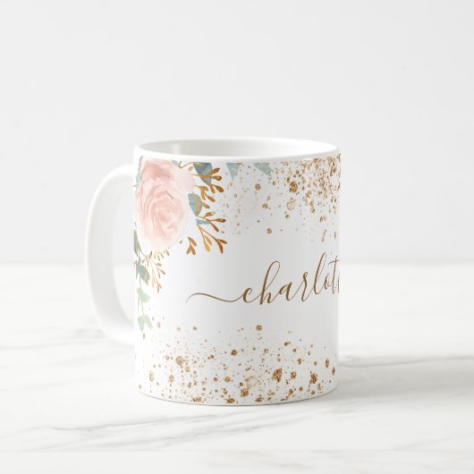 ピンクのフォーラルユーカリプタス金ゴールドの火花名 コーヒーマグカップ (正面左)