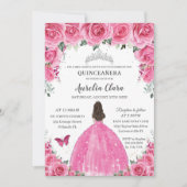 ピンクのフクシアの花をあしらったシルバーのキンセアニエラプリンセスドレス XV 招待状 (正面)