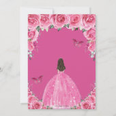ピンクのフクシアの花をあしらったシルバーのキンセアニエラプリンセスドレス XV 招待状 (裏面)