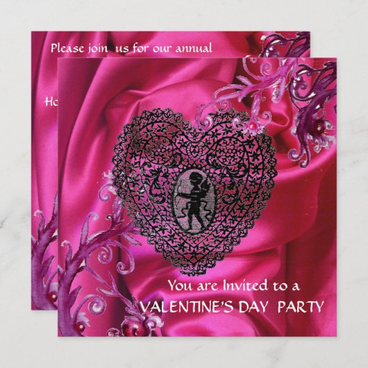 ピンクのフクシアシルク生地にハート型のレース 招待状 (正面/裏面)