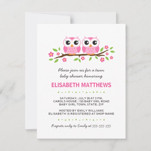 ピンクのフクロウがフローラ分枝ツインガールズベビーシャワー 招待状 (正面)