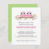 ピンクのフクロウがフローラ分枝ツインガールズベビーシャワー 招待状 (正面/裏面)