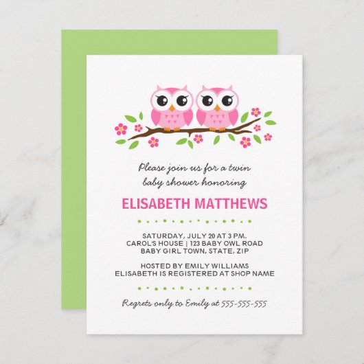 ピンクのフクロウがフローラ分枝ツインガールズベビーシャワー 招待状 (正面/裏面)