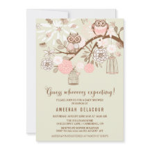 ピンクのフクロウとバードケイズベビーシャワー招待状