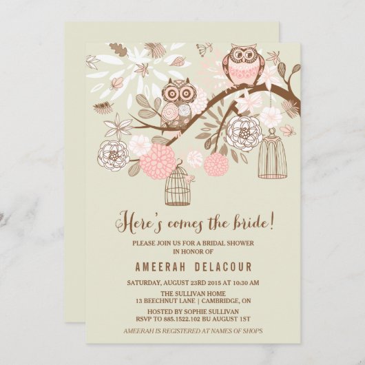 ピンクのフクロウとバードケージブライダルシャワーの招待状 招待状 (正面/裏面)