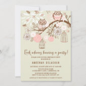 ピンクのフクロウと出産の誕生日パーティーの招待状 招待状 (正面)