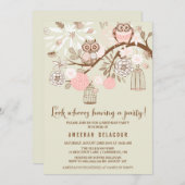 ピンクのフクロウと出産の誕生日パーティーの招待状 招待状 (正面/裏面)