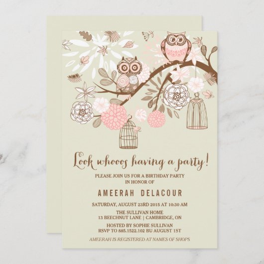 ピンクのフクロウと出産の誕生日パーティーの招待状 招待状 (正面/裏面)