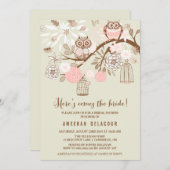 ピンクのフクロウと鳥かごの結婚前お披露目招待状 招待状 (正面/裏面)