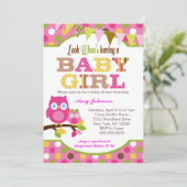 ピンクのフクロウのベビーシャワー招待状-女の赤ちゃん 招待状 (スタンド正面)