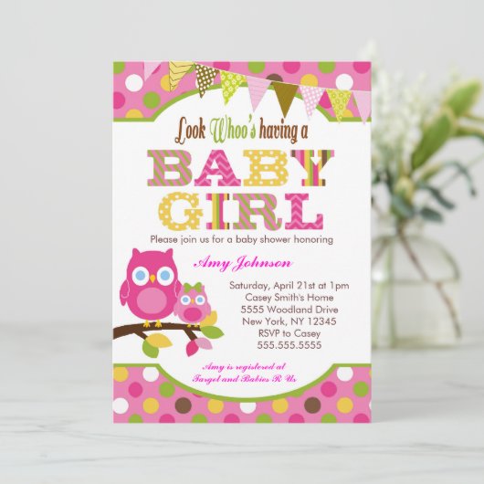 ピンクのフクロウのベビーシャワー招待状-女の赤ちゃん 招待状 (スタンド正面)