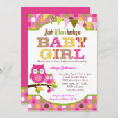 ピンクのフクロウのベビーシャワー招待状-女の赤ちゃん 招待状 (正面/裏面)