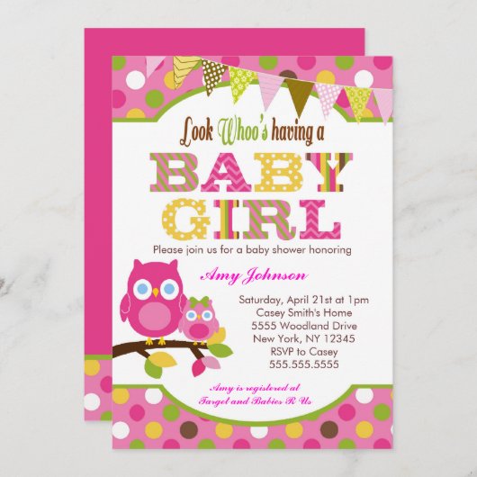 ピンクのフクロウのベビーシャワー招待状-女の赤ちゃん 招待状 (正面/裏面)