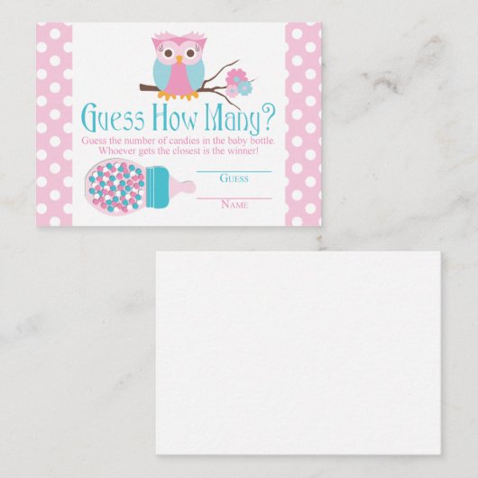 ピンクのフクロウのボトルのベビーシャワーの謎解きゲーム エンクロージャーカード (正面/裏面)