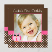 ピンクのフクロウのポルカドット 1歳の女の子の誕生日写真 招待状 (正面/裏面)