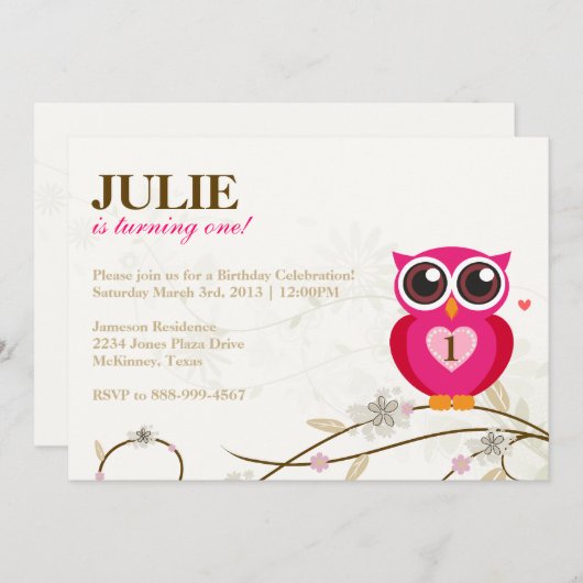 ピンクのフクロウの最初誕生日のパーティの招待状 招待状 (正面/裏面)