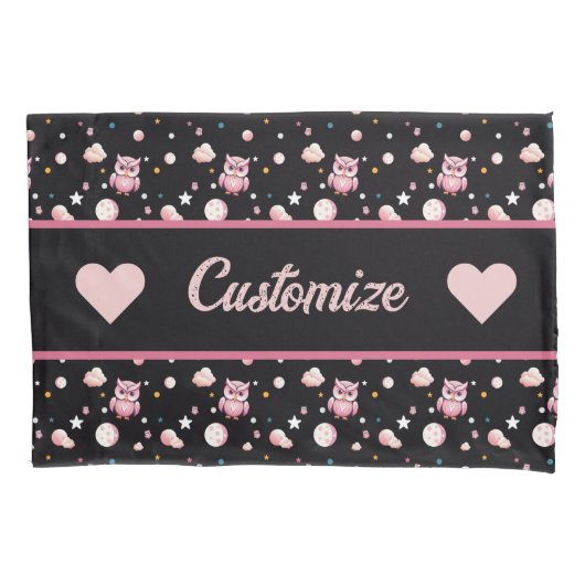 ピンクのフクロウの月明かりのパターン 枕カバー (正面左)