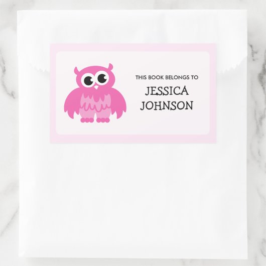 ピンクのフクロウの本のラベルシール |学校用品 長方形シール (バッグ)
