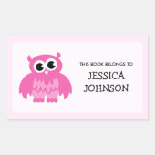 ピンクのフクロウの本のラベルシール |学校用品 長方形シール (正面)