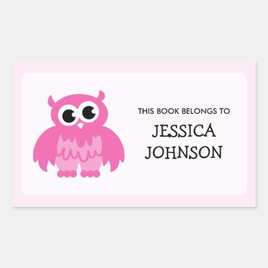 ピンクのフクロウの本のラベルシール |学校用品 長方形シール (正面)