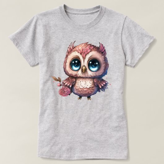 ピンクのフクロウの花イラスト Tシャツ (デザイン正面)