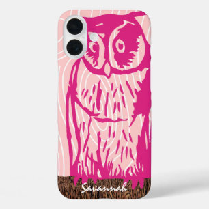 ピンクのフクロウ木目のパターンあなたの色を選択 iPhone 16 PLUSケース