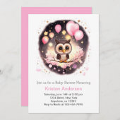 ピンクのフクロウ魅惑の山花少女の赤ちゃんシャワー 招待状 (正面/裏面)