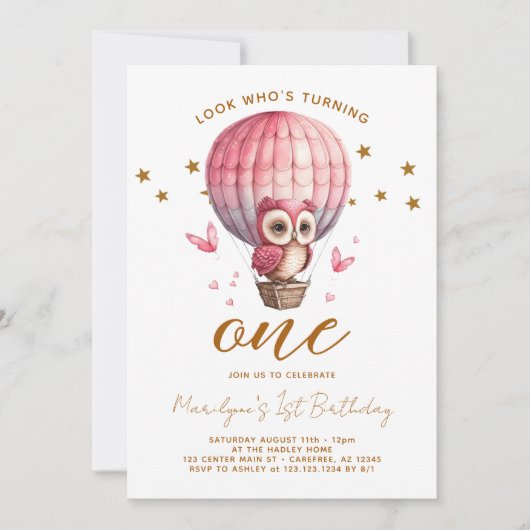 ピンクのフクロウ お誕生日おめでとう（1歳） 招待状 (正面)