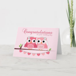 ピンクのフクロウ、ピンクのハート、レズ結婚ビアンのおめでとう カード