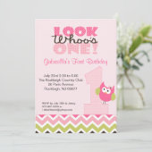 ピンクのフクロウ　大きい数字の1　1歳の誕生日招待状 招待状 (スタンド正面)