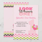 ピンクのフクロウ　大きい数字の1　1歳の誕生日招待状 招待状 (正面/裏面)