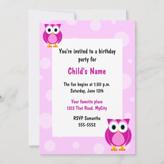 ピンクのフクロウ 子供の誕生日パーティー招待状 招待状 (正面)