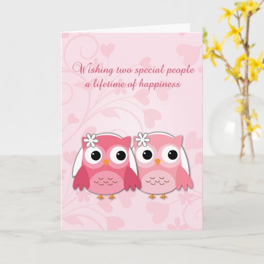ピンクのフクロウ、渦巻きとハート、レズビアン結婚ズ カード (黄色い花)