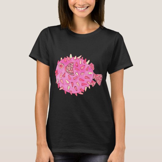 ピンクのフグの水彩デザイン Tシャツ (正面)