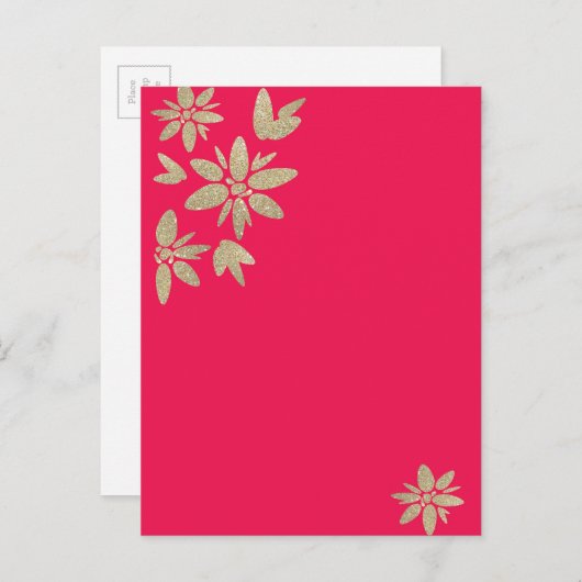 ピンクのフューシャの招待状にゴールドのスパークルフラワーがデザインされたもの インビテーションポストカード (正面/裏面)