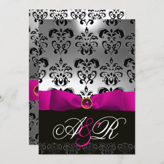 ピンクのフューシャリボン ホワイト ブラック ダマスク モノグラム 招待状 (正面/裏面)