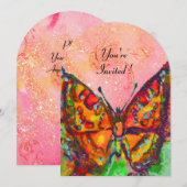ピンクのフューシャ ゴールドのスパークルが散りばめられた赤い蝶 招待状 (正面/裏面)