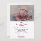 ピンクのフューシャ ティーカップ パーティー イベント 招待状 (正面)