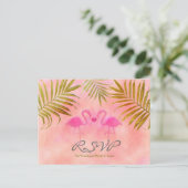 ピンクのフラインゴの水彩画ウェディングRSVPカード2枚 インビテーションポストカード (スタンド正面)