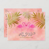 ピンクのフラインゴの水彩画ウェディングRSVPカード 2枚 インビテーションポストカード (正面/裏面)