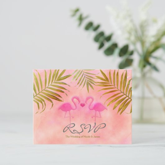 ピンクのフラインゴの水彩画ウェディングRSVPカード 2枚 インビテーションポストカード (スタンド正面)