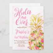 ピンクのフラオン、ルアウ(ハワイ式宴会)、パイナップル誕生日パーティー 招待状 (正面/裏面)